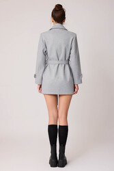 Önü Düğmeli Kuşaklı Kısa Kaşe Kaban - 35