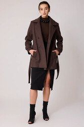 Önü Düğmeli Kuşaklı Kısa Kaşe Kaban - 44