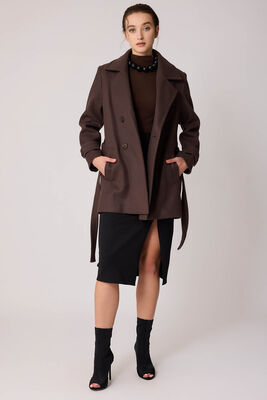 Önü Düğmeli Kuşaklı Kısa Kaşe Kaban - 44