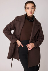 Önü Düğmeli Kuşaklı Kısa Kaşe Kaban - 45