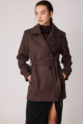 Önü Düğmeli Kuşaklı Kısa Kaşe Kaban - 46