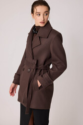 Önü Düğmeli Kuşaklı Kısa Kaşe Kaban - 47