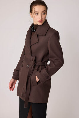 Önü Düğmeli Kuşaklı Kısa Kaşe Kaban - 47