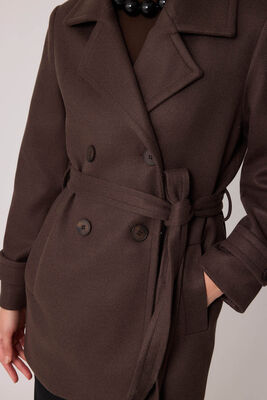 Önü Düğmeli Kuşaklı Kısa Kaşe Kaban - 49