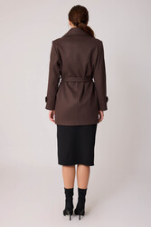 Önü Düğmeli Kuşaklı Kısa Kaşe Kaban - 48