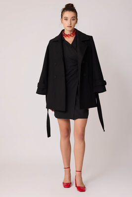 Önü Düğmeli Kuşaklı Kısa Kaşe Kaban - 52