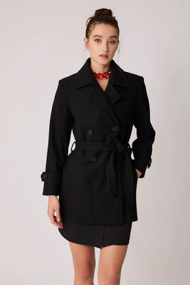 Önü Düğmeli Kuşaklı Kısa Kaşe Kaban - 53