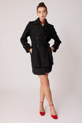 Önü Düğmeli Kuşaklı Kısa Kaşe Kaban - 54