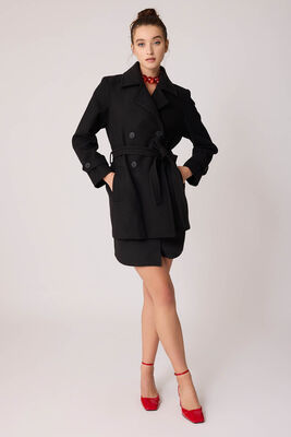 Önü Düğmeli Kuşaklı Kısa Kaşe Kaban - 54