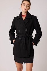 Önü Düğmeli Kuşaklı Kısa Kaşe Kaban - 51