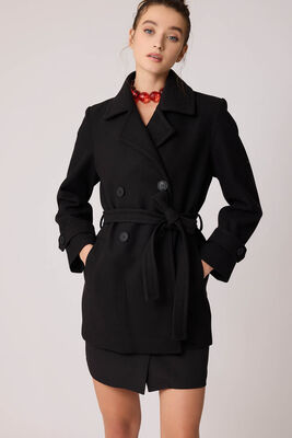 Önü Düğmeli Kuşaklı Kısa Kaşe Kaban - 51