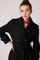 Önü Düğmeli Kuşaklı Kısa Kaşe Kaban - 56