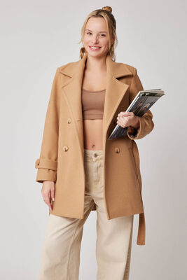 Önü Düğmeli Kuşaklı Kısa Kaşe Kaban - Thumbnail (10)