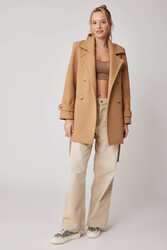 Önü Düğmeli Kuşaklı Kısa Kaşe Kaban - 12