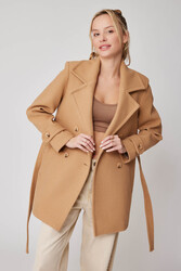 Önü Düğmeli Kuşaklı Kısa Kaşe Kaban - 14