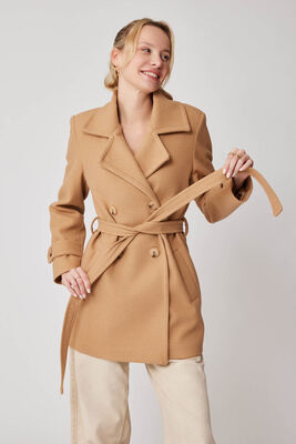 Önü Düğmeli Kuşaklı Kısa Kaşe Kaban - Thumbnail (12)