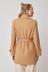 Önü Düğmeli Kuşaklı Kısa Kaşe Kaban - 15