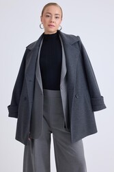 Önü Düğmeli Kuşaklı Kısa Kaşe Kaban - 58