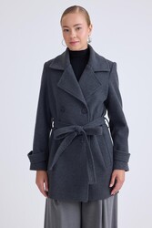 Önü Düğmeli Kuşaklı Kısa Kaşe Kaban - 61