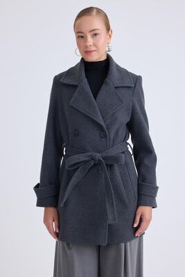 Önü Düğmeli Kuşaklı Kısa Kaşe Kaban - 61