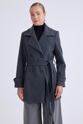 Önü Düğmeli Kuşaklı Kısa Kaşe Kaban - 59