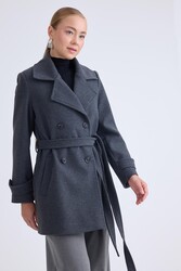 Önü Düğmeli Kuşaklı Kısa Kaşe Kaban - 62