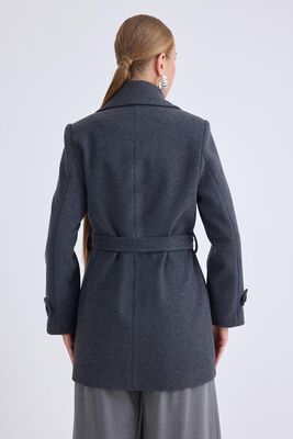 Önü Düğmeli Kuşaklı Kısa Kaşe Kaban - 63