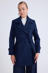 Önü Düğmeli Kuşaklı Kısa Kaşe Kaban - 64