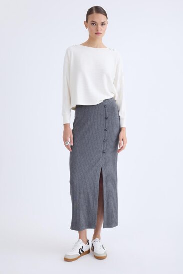 Önü Düğmeli Midi Boy Fitilli Etek - 1