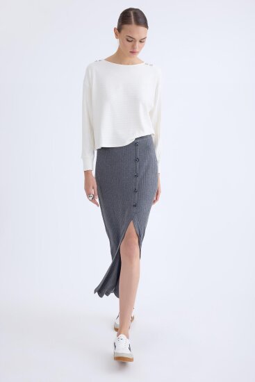 Önü Düğmeli Midi Boy Fitilli Etek - 3