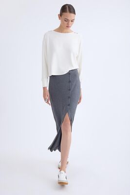 Önü Düğmeli Midi Boy Fitilli Etek - Thumbnail (2)