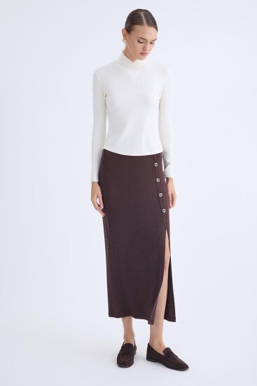 Önü Düğmeli Midi Boy Fitilli Etek - 6