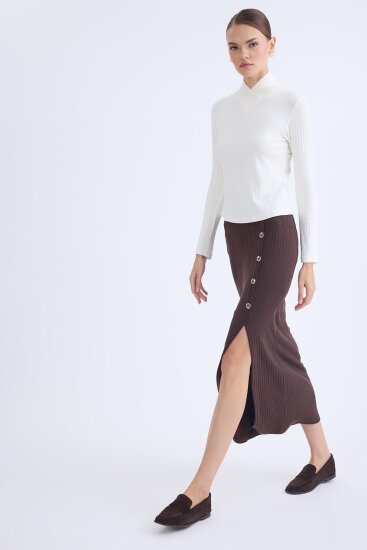 Önü Düğmeli Midi Boy Fitilli Etek - 8