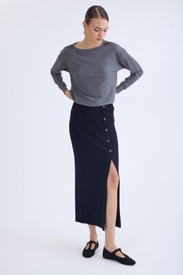 Önü Düğmeli Midi Boy Fitilli Etek - Thumbnail (11)