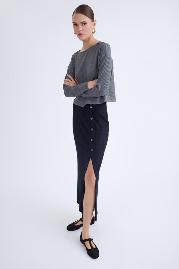 Önü Düğmeli Midi Boy Fitilli Etek - 15