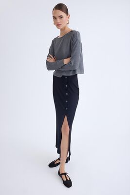 Önü Düğmeli Midi Boy Fitilli Etek - Thumbnail (14)