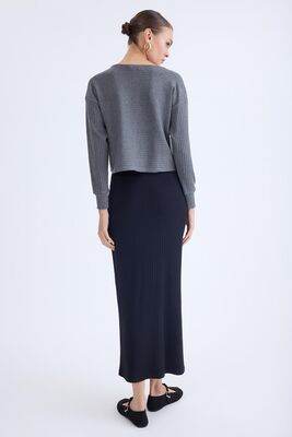 Önü Düğmeli Midi Boy Fitilli Etek - Thumbnail (13)