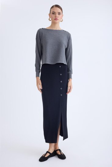 Önü Düğmeli Midi Boy Fitilli Etek - 11