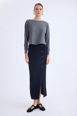 Önü Düğmeli Midi Boy Fitilli Etek - Thumbnail (10)