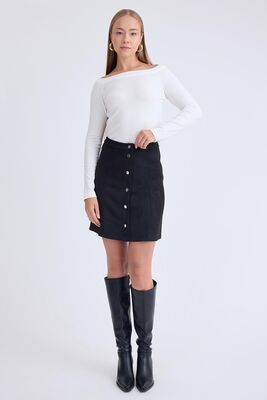 Önü Düğmeli Mini Süet Etek - 3