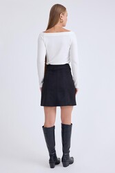 Önü Düğmeli Mini Süet Etek - 6