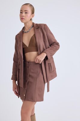 Önü Düğmeli Mini Süet Etek - 7