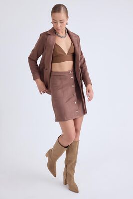 Önü Düğmeli Mini Süet Etek - 9