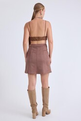 Önü Düğmeli Mini Süet Etek - 11