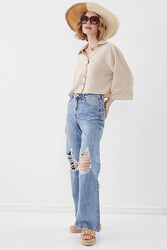 Önü Düğmeli Salaş Crop Gömlek - 40