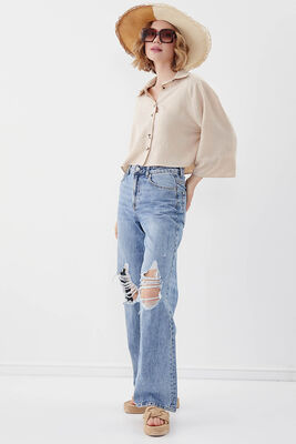 Önü Düğmeli Salaş Crop Gömlek - 40