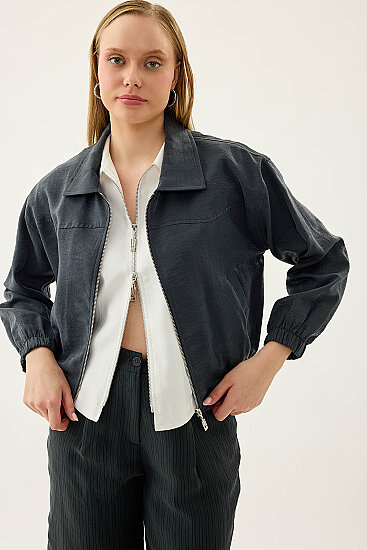 Önü Fermuarlı Cepli Bomber Ceket - 2