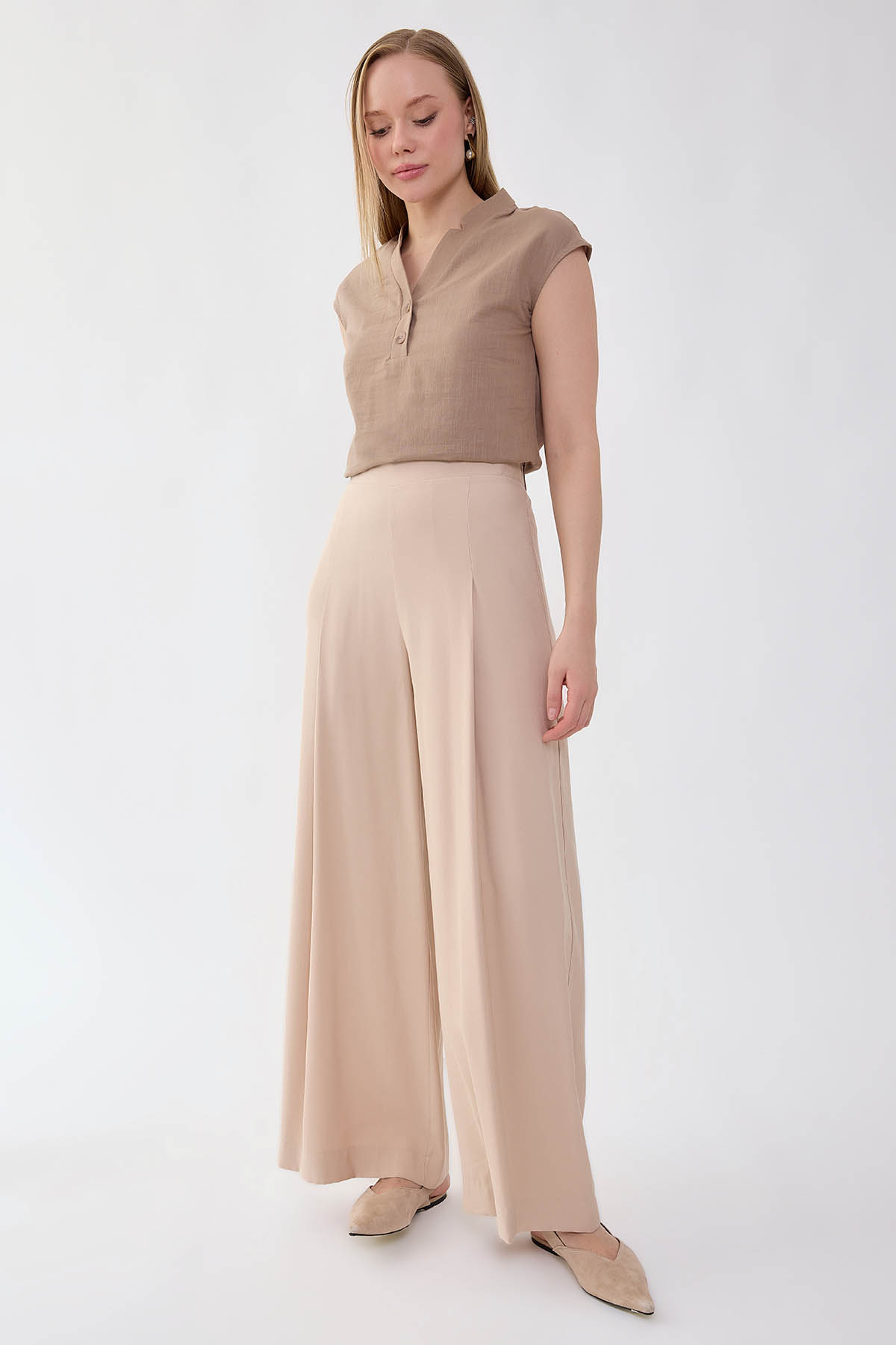 Önü Pileli Beli Lastikli Geniş Paça Palazzo Pantolon - Thumbnail