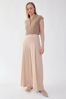 Önü Pileli Beli Lastikli Geniş Paça Palazzo Pantolon (1)