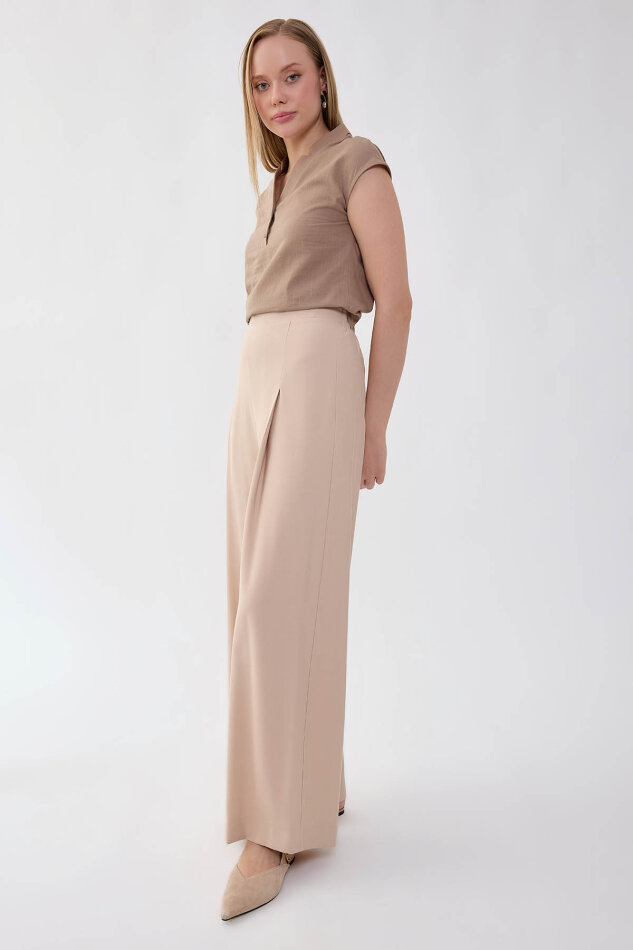 Önü Pileli Beli Lastikli Geniş Paça Palazzo Pantolon - 3